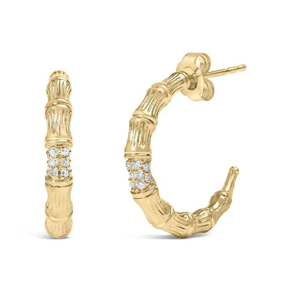 Elegant 14k Yellow Gold Hammered j Hoop Earrings with Cttw Sparkle