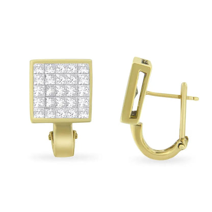 Elegant 14k Yellow Gold Invisible Set Princess Cut Diamond Stud Earrings