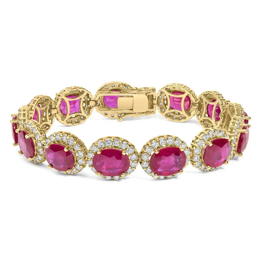 Elegant 14k Yellow Gold Red Ruby Halo Bracelet with Diamonds