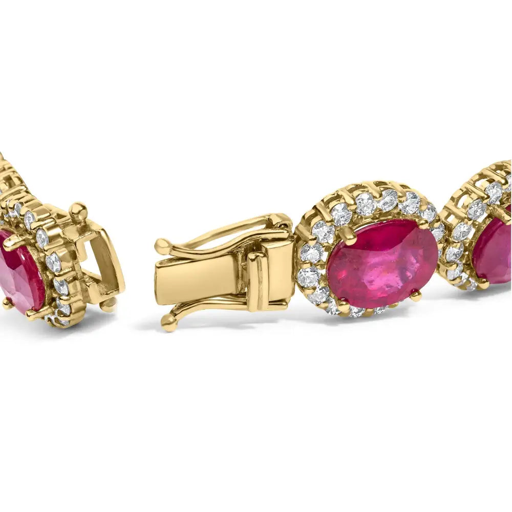 Elegant 14k Yellow Gold Red Ruby Halo Bracelet with Diamonds