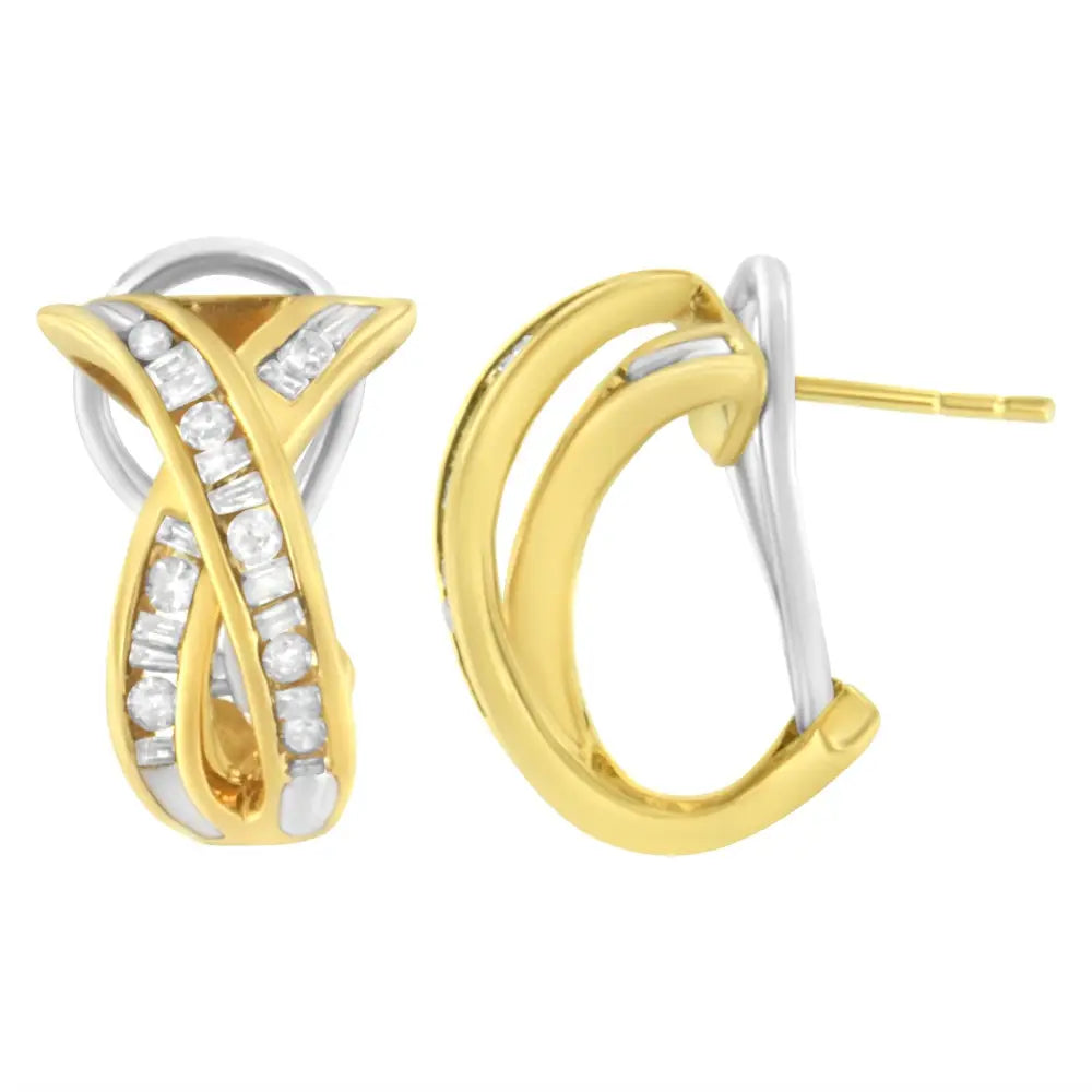 14k Yellow and White Gold 1/2 Tdw ?X’ Shape Diamond Hoop Earrings