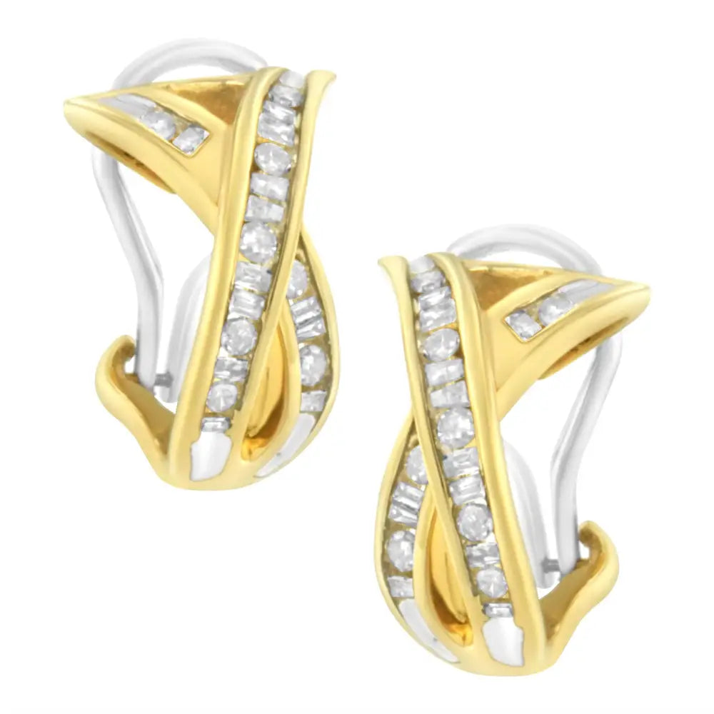 14k Yellow and White Gold 1/2 Tdw ?X’ Shape Diamond Hoop Earrings