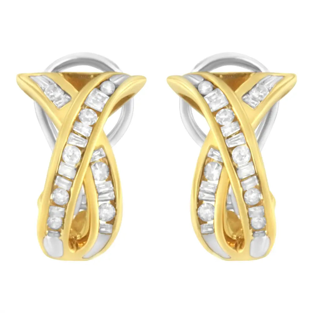 14k Yellow and White Gold 1/2 Tdw ?X’ Shape Diamond Hoop Earrings