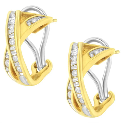 14k Yellow and White Gold 1/2 Tdw ?X’ Shape Diamond Hoop Earrings