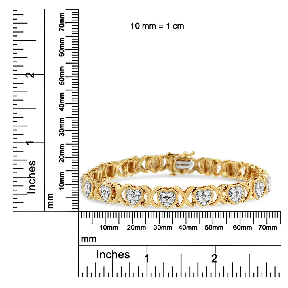 Elegant 14ky Yellow Gold Cttw Diamond Heart Bracelet 7.25 Inches