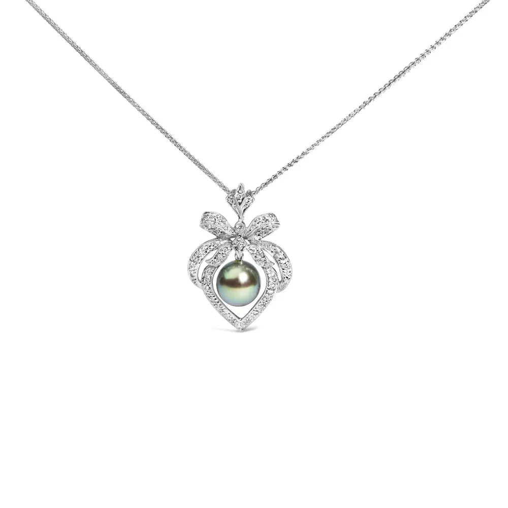 Elegant 18k Diamond and Cultured Black Tahitian Pearl Heart Pendant Necklace