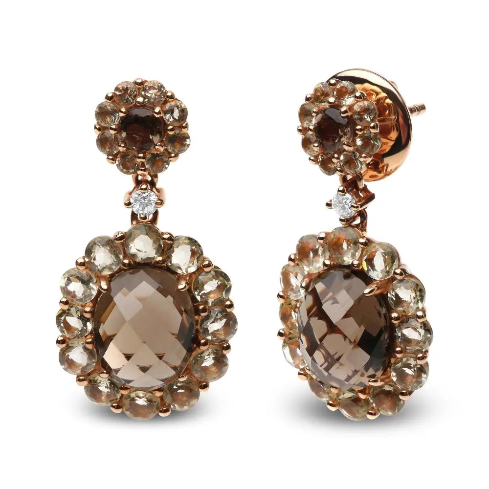 Elegant 18k Rose Gold Earrings with Oval Smoky Color Quartz and Diamonds