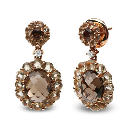 Elegant 18k Rose Gold Earrings with Oval Smoky Color Quartz and Diamonds