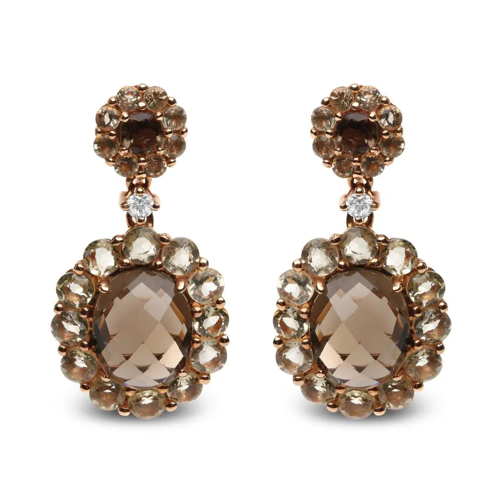 Elegant 18k Rose Gold Earrings with Oval Smoky Color Quartz and Diamonds