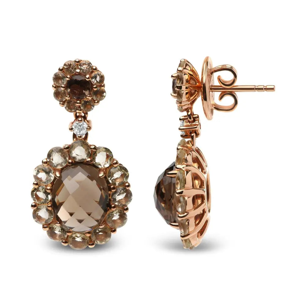 Elegant 18k Rose Gold Earrings with Oval Smoky Color Quartz and Diamonds