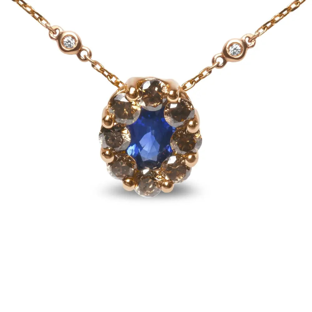 Elegant 18k Rose Gold Necklace with Brown Diamond Accent and Blue Sapphire