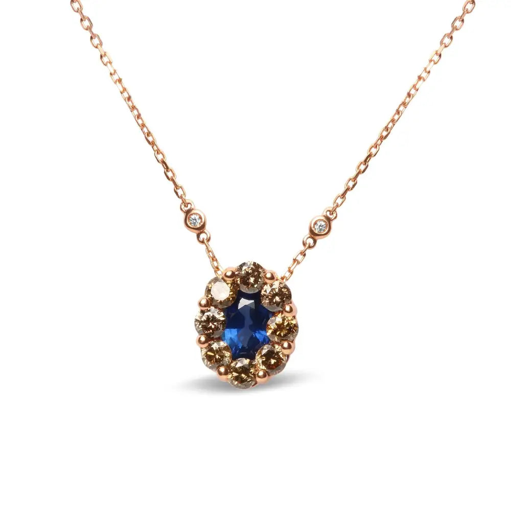 Elegant 18k Rose Gold Necklace with Brown Diamond Accent and Blue Sapphire