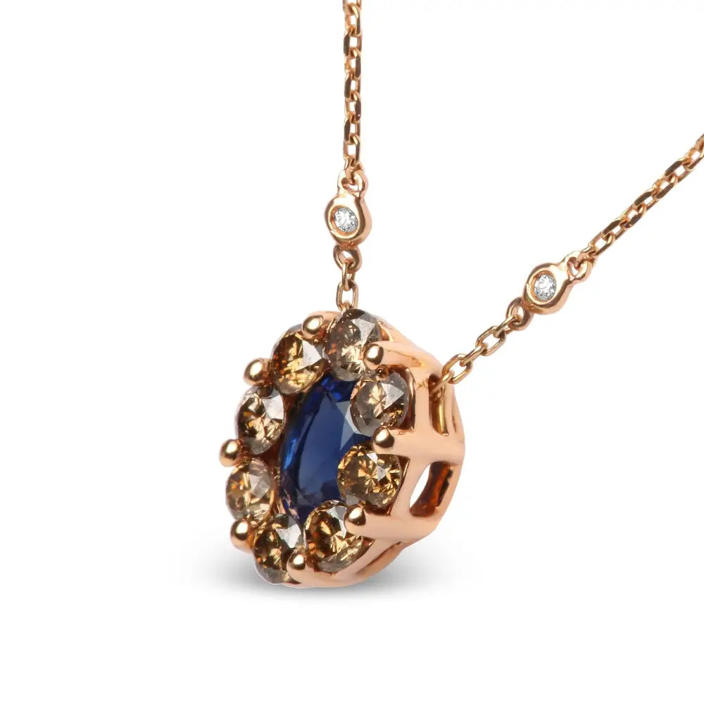 Elegant 18k Rose Gold Necklace with Brown Diamond Accent and Blue Sapphire