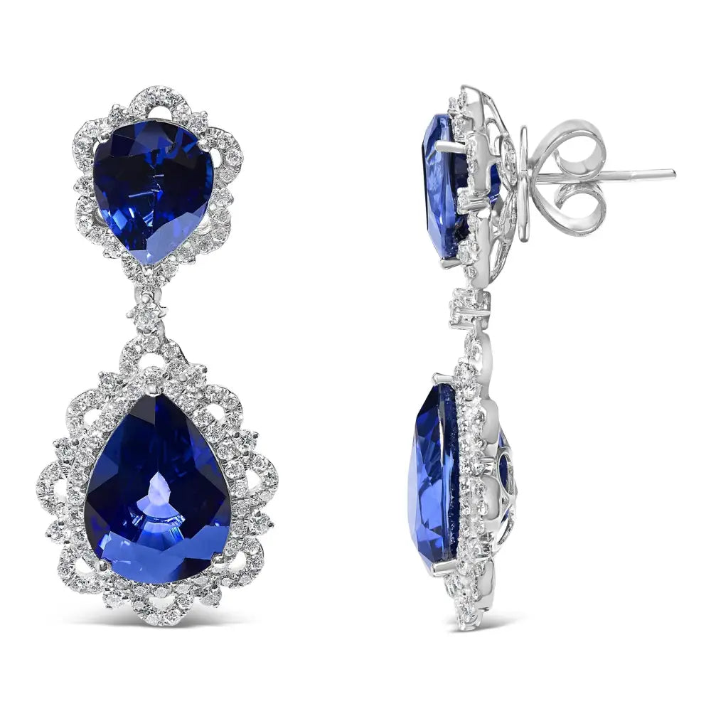 Elegant 18k White Gold Blue Sapphire Diamond Halo Drop Earrings