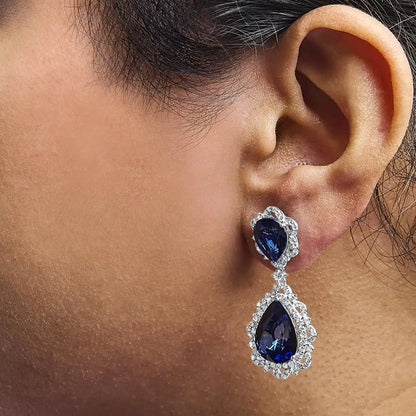 Elegant 18k White Gold Blue Sapphire Diamond Halo Drop Earrings