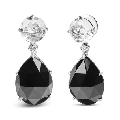 Elegant 18k White Gold Earrings with Round White Topaz and Black Onyx