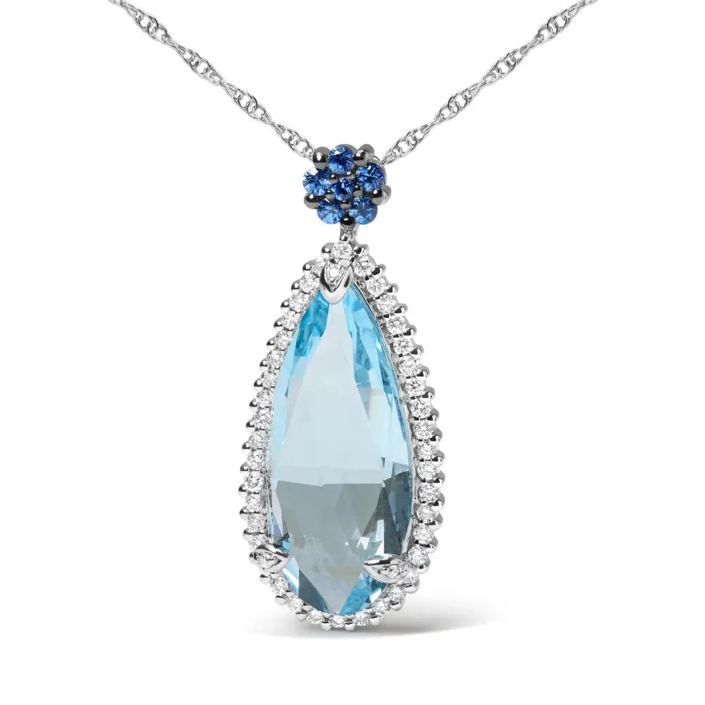 Elegant 18k White Gold Floral Teardrop Pendant with Sky Blue Topaz