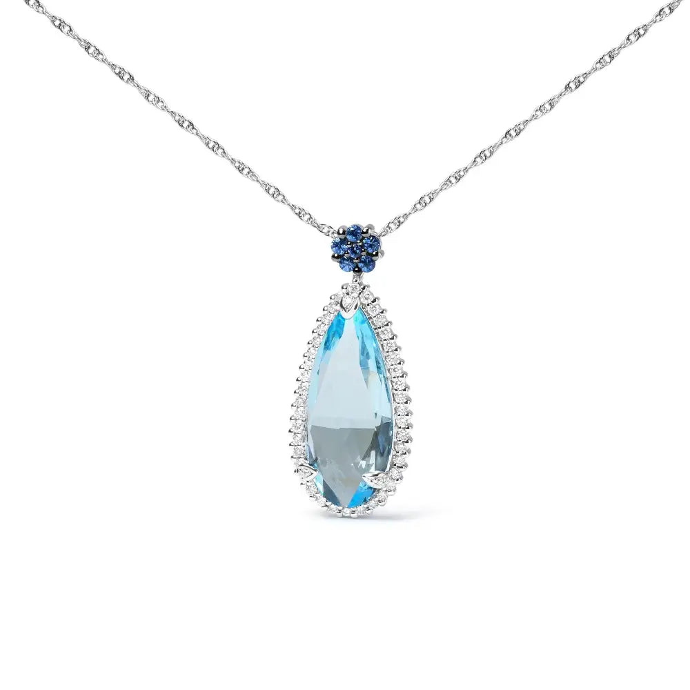 Elegant 18k White Gold Floral Teardrop Pendant with Sky Blue Topaz