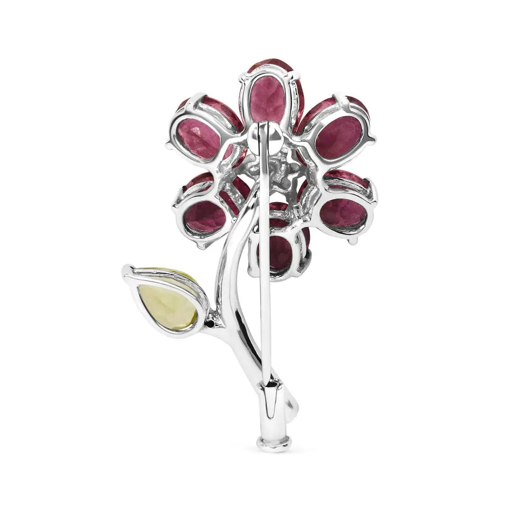 Elegant 18k White Gold Leaf Tulip Brooch with Pink Tourmaline and Green Peridot