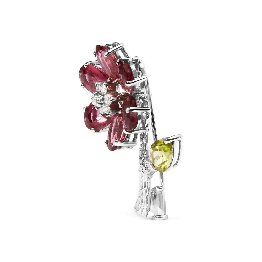 Elegant 18k White Gold Leaf Tulip Brooch with Pink Tourmaline and Green Peridot