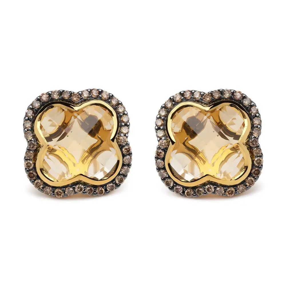 Elegant 18k Yellow Gold Clover Halo Earrings with Brown Diamonds and Citrine