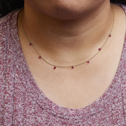 Elegant 18k Yellow Gold Necklace with Dangling Red Ruby Drop