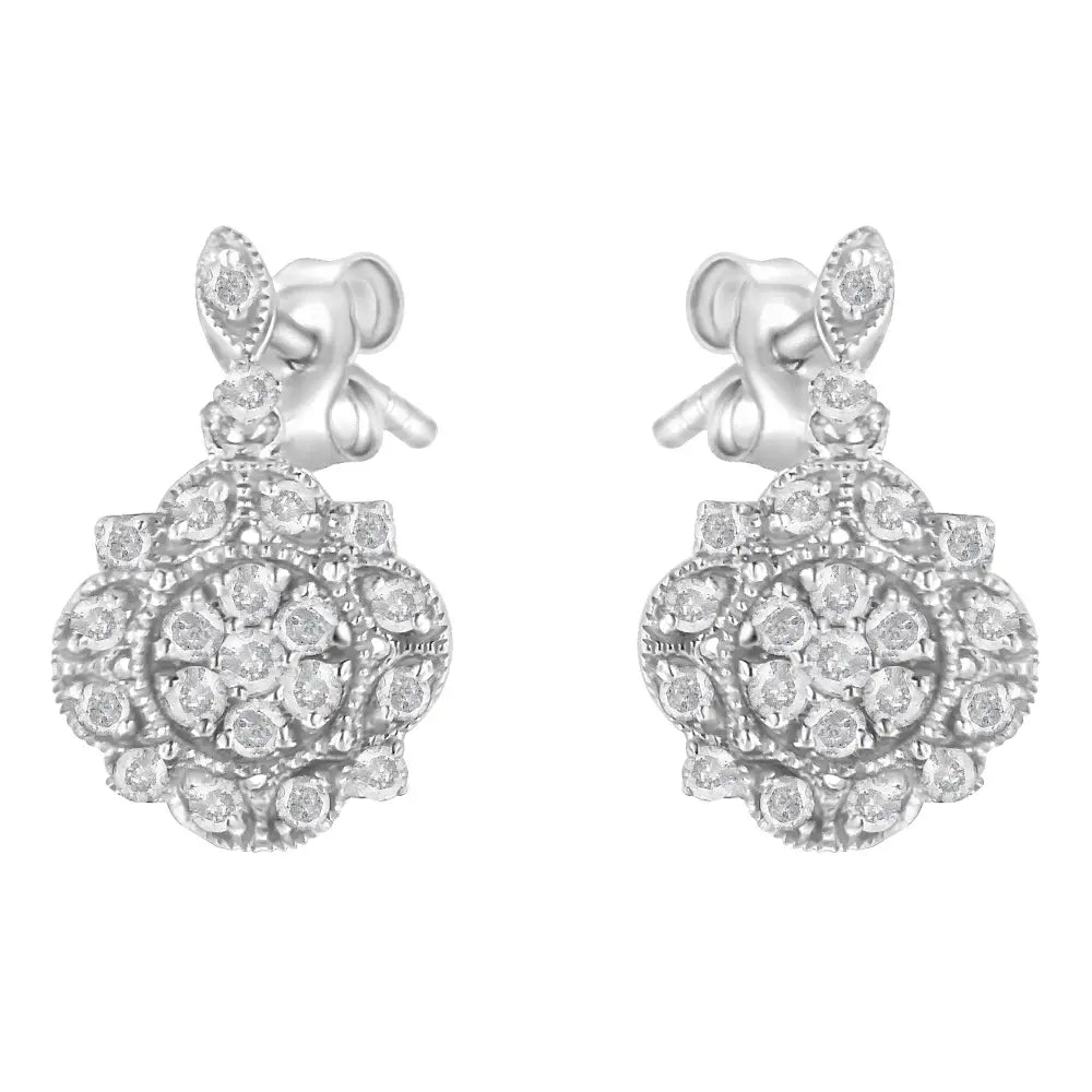 Elegant.925 Sterling Silver Dangle Miligrain Earrings with Diamonds