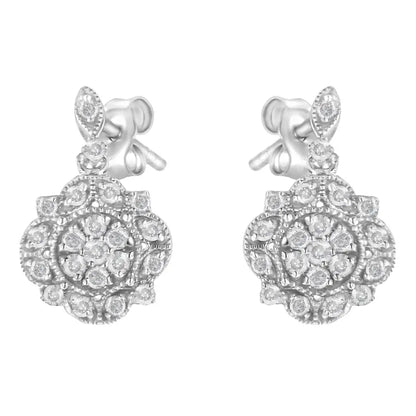 Elegant.925 Sterling Silver Dangle Miligrain Earrings with Diamonds