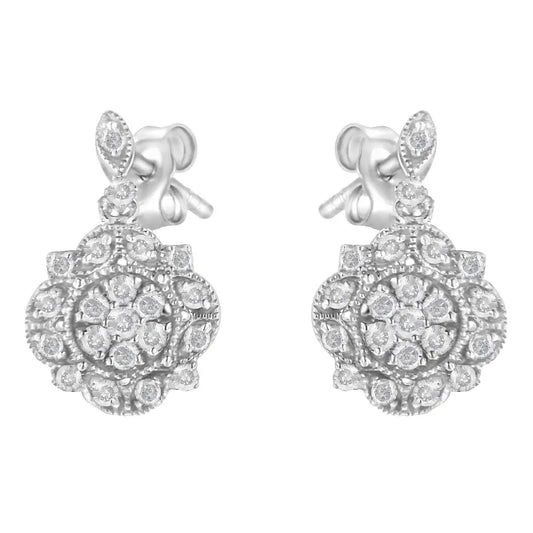 Elegant.925 Sterling Silver Dangle Miligrain Earrings with Diamonds