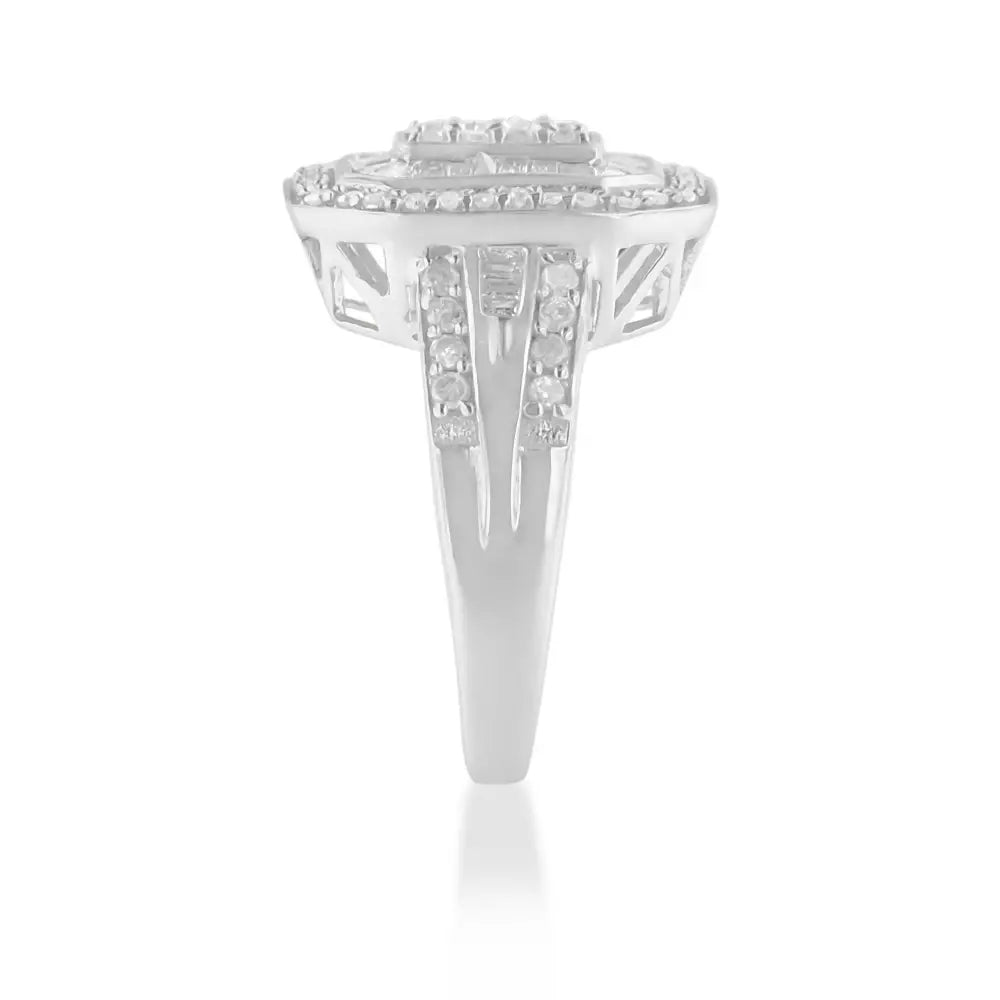 Elegant.925 Sterling Silver Diamond Elongated Octagon Cocktail Ring