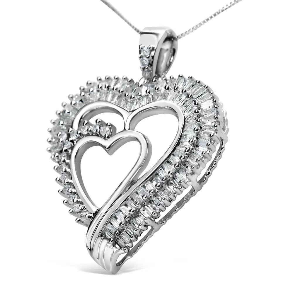 Elegant Baguette Diamond Double Heart Pendant Necklace in Sterling Silver