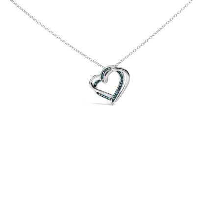 Charming 925 Sterling Silver Treated Blue Diamond Double Heart Pendant Necklace