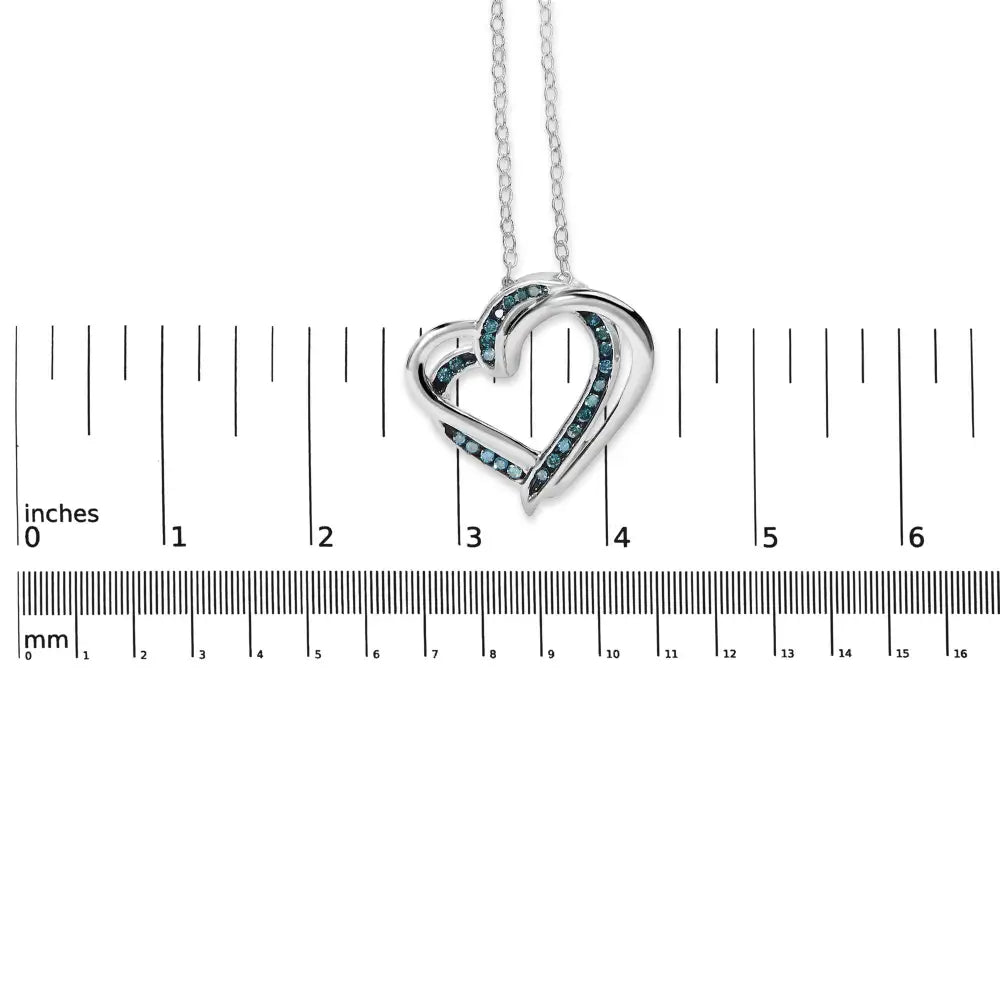 Charming 925 Sterling Silver Treated Blue Diamond Double Heart Pendant Necklace