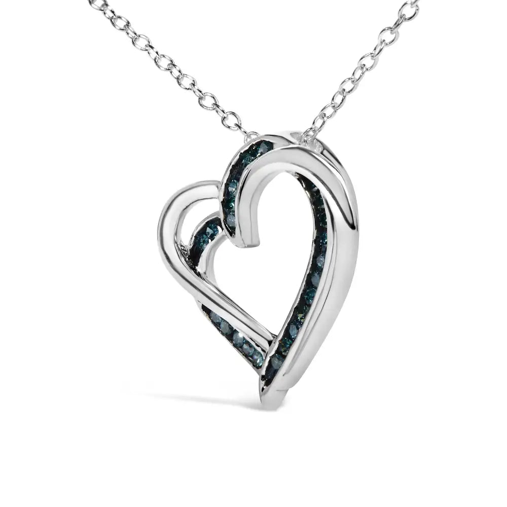 Charming 925 Sterling Silver Treated Blue Diamond Double Heart Pendant Necklace