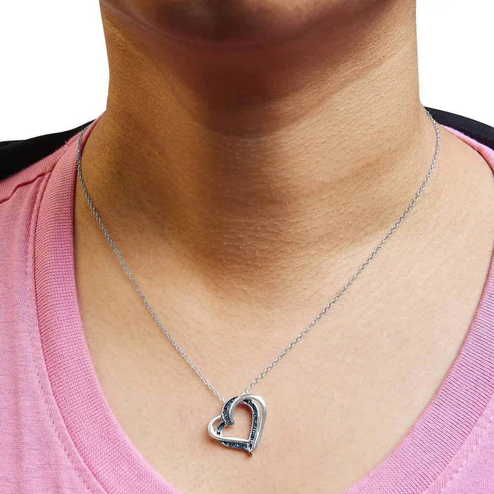 Charming 925 Sterling Silver Treated Blue Diamond Double Heart Pendant Necklace