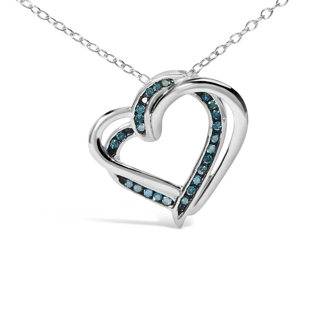 Charming 925 Sterling Silver Treated Blue Diamond Double Heart Pendant Necklace