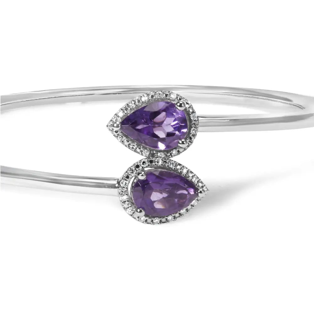 Elegant Bypass Bangle with Pear Shape Amethyst and Diamond Accent Halo