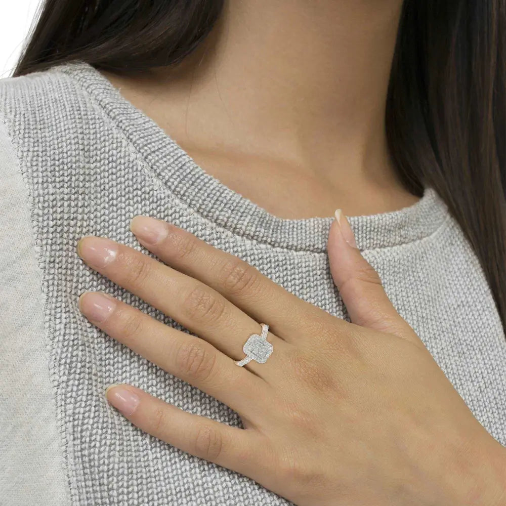 Elegant Cathedral Style Cocktail Ring with Cttw Diamond Emerald-shaped Cluster