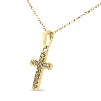 10k Yellow Gold Flashed.925 Silver 1/4 Cttw Champagne Diamond Cross Pendant