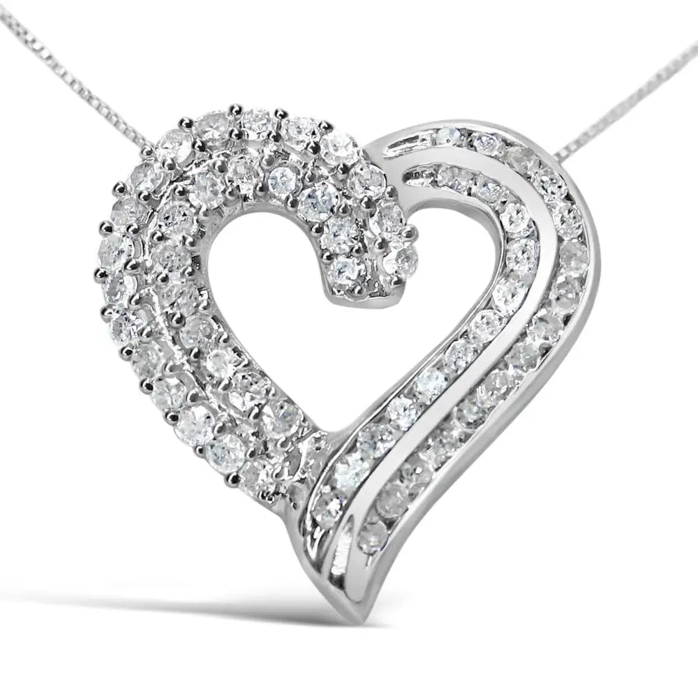 Elegant Channel-set Diamond Open Work Ribbon Heart Pendant Necklace