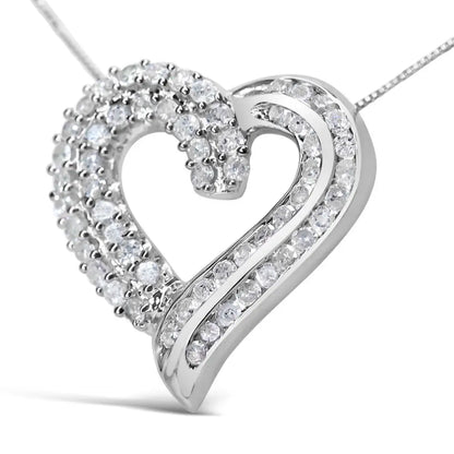 Elegant Channel-set Diamond Open Work Ribbon Heart Pendant Necklace