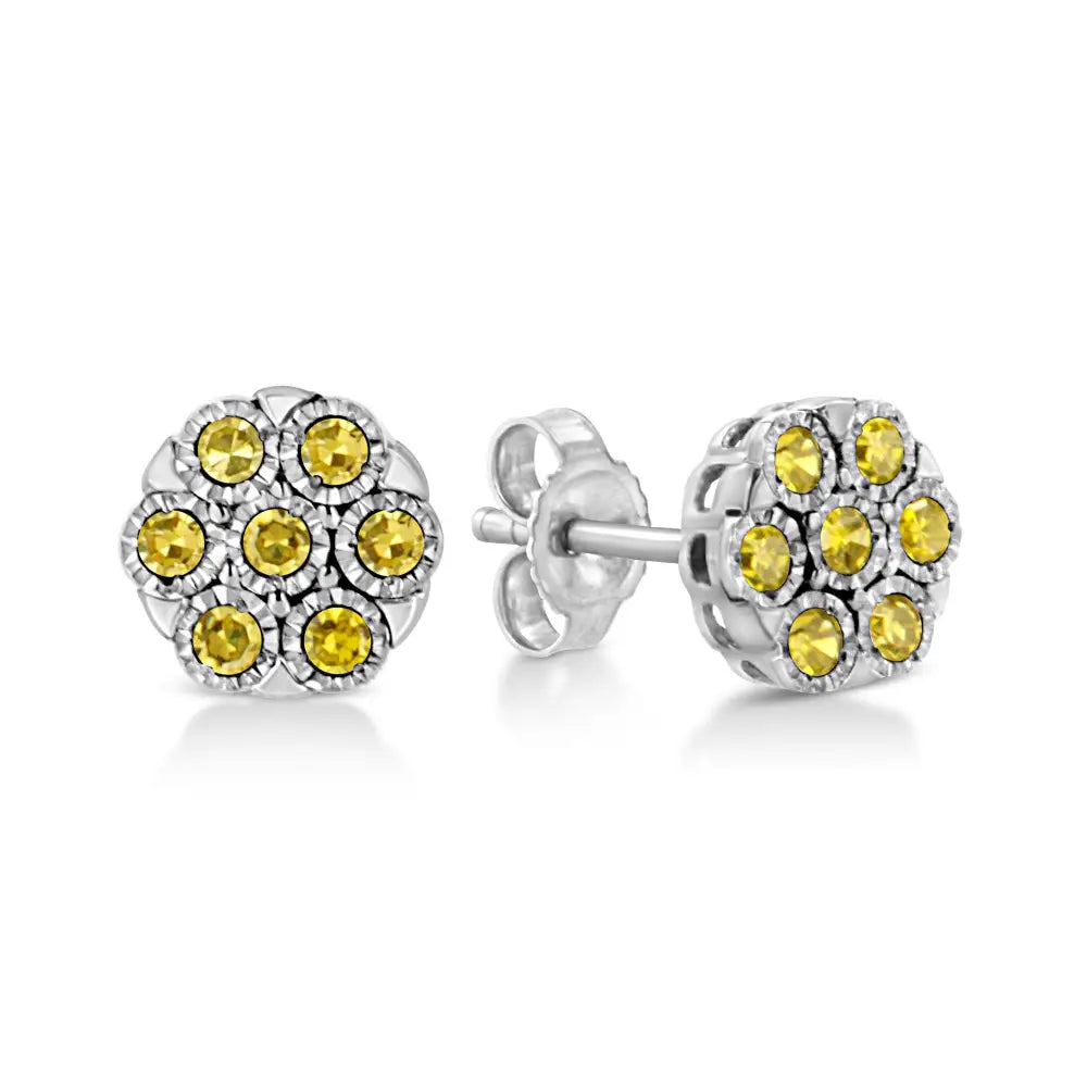 Elegant Color Diamond Cluster Flower Earrings in.925 Sterling Silver