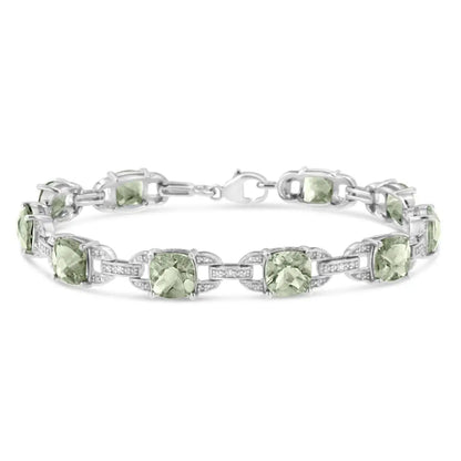 Elegant Cushion Cut Green Amethyst and Diamond Tennis Bracelet in Sterling