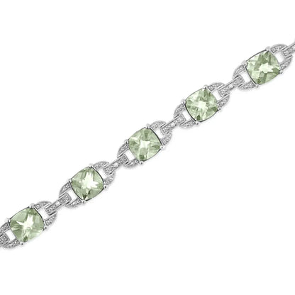 Elegant Cushion Cut Green Amethyst and Diamond Tennis Bracelet in Sterling