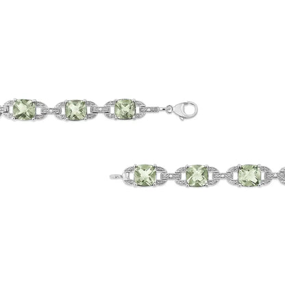 Elegant Cushion Cut Green Amethyst and Diamond Tennis Bracelet in Sterling