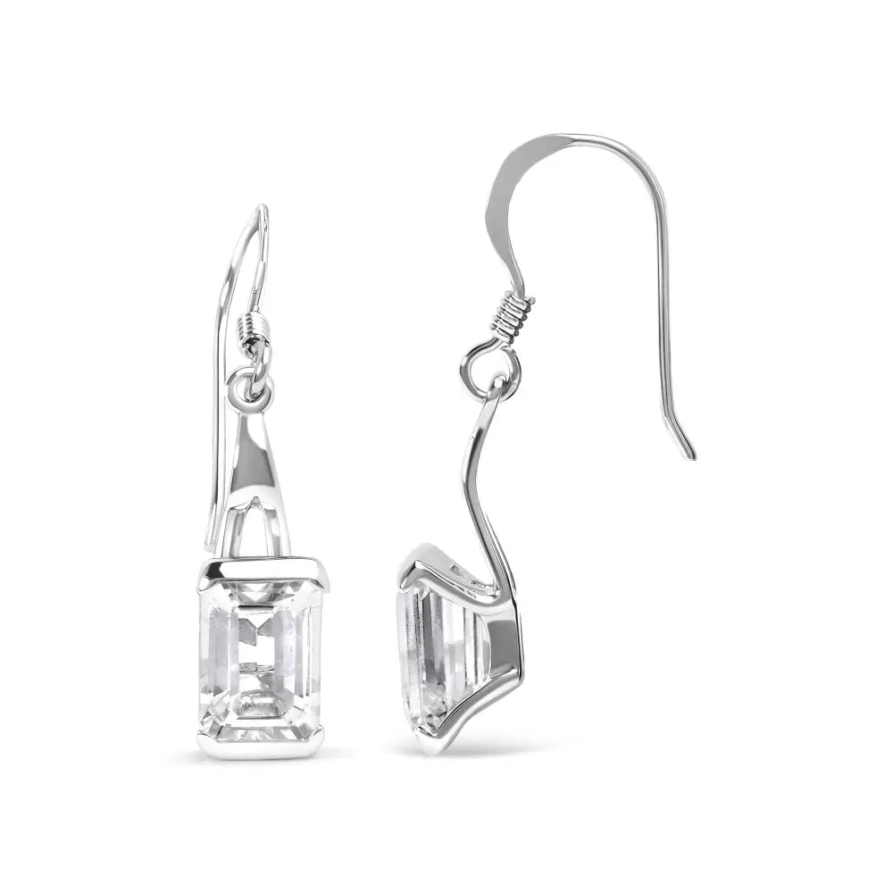 Elegant Emerald Cut White Topaz Solitaire Dangle Earrings in Sterling Silver