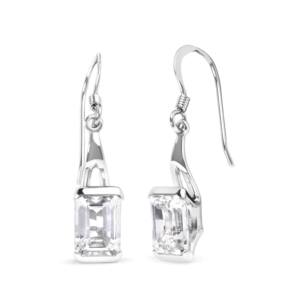 Elegant Emerald Cut White Topaz Solitaire Dangle Earrings in Sterling Silver