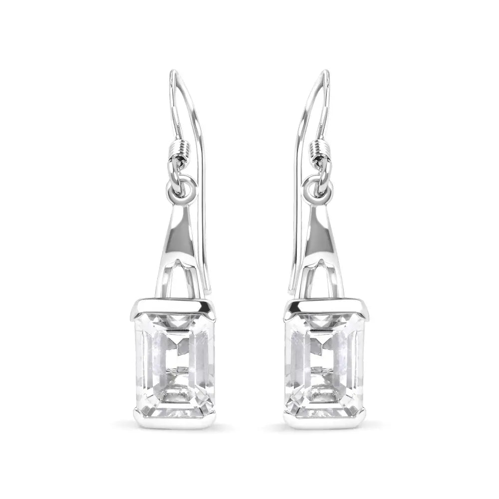 Elegant Emerald Cut White Topaz Solitaire Dangle Earrings in Sterling Silver