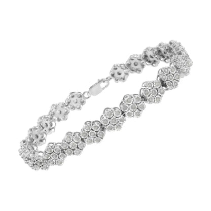 Elegant Floral Cluster Link Bracelet in.925 Sterling Silver with Diamonds