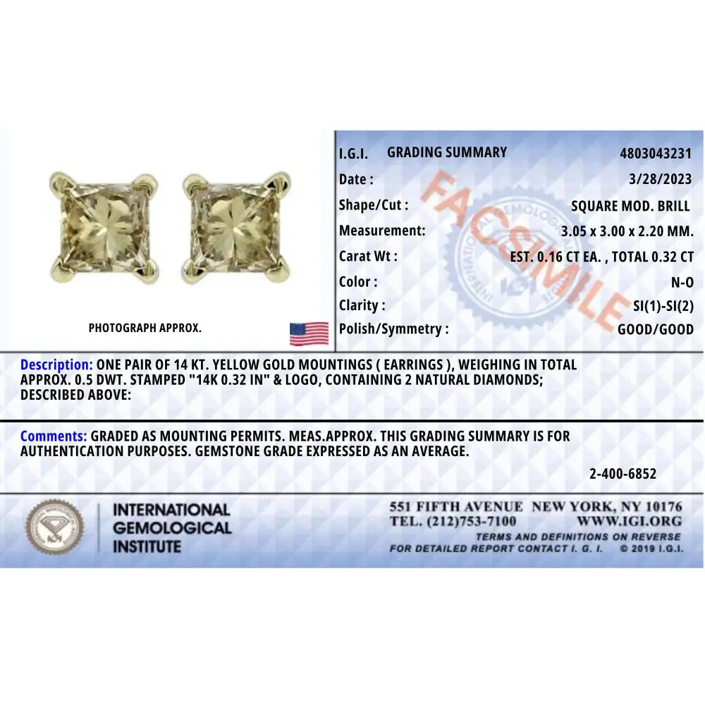 Elegant Igi Certified 14k Gold Solitaire Diamond 4-prong Set Earrings - Yellow